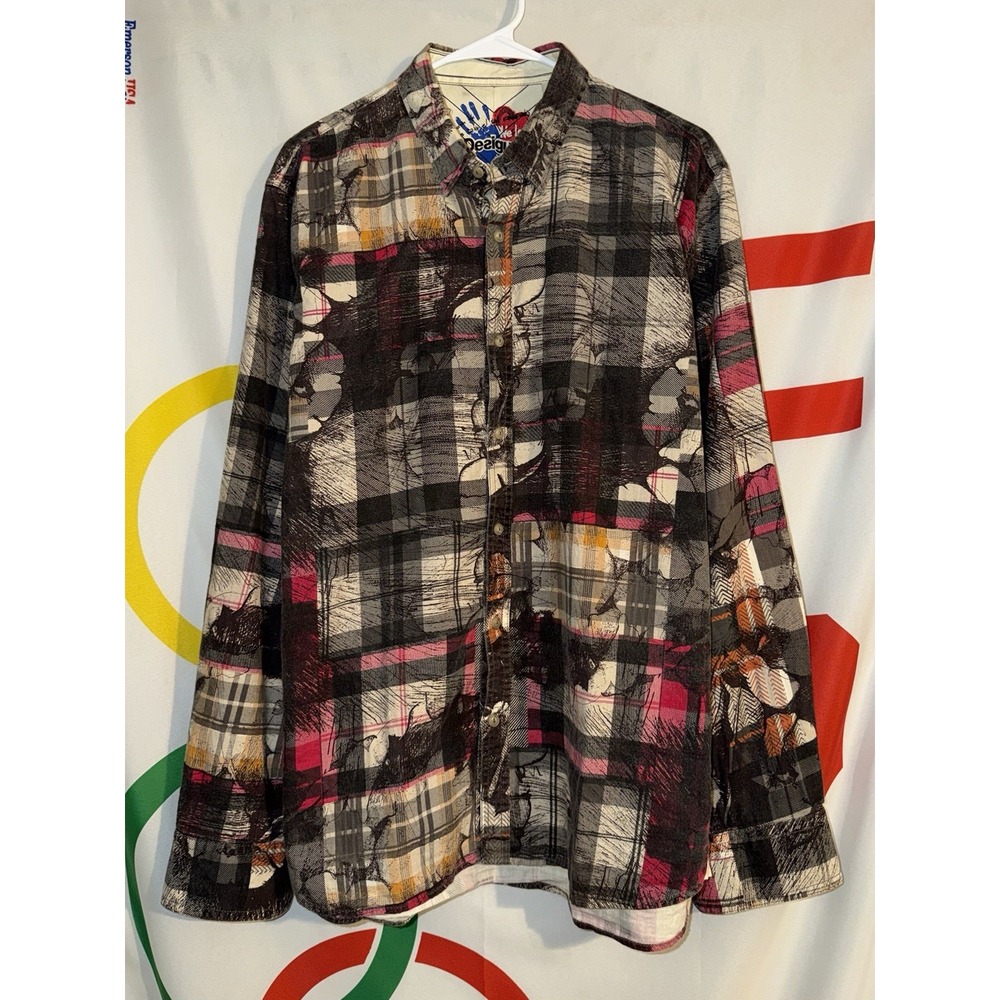 Desigual Button Up Shirt Mens XL Plaid Graphic Print Flannel Grunge Y2K